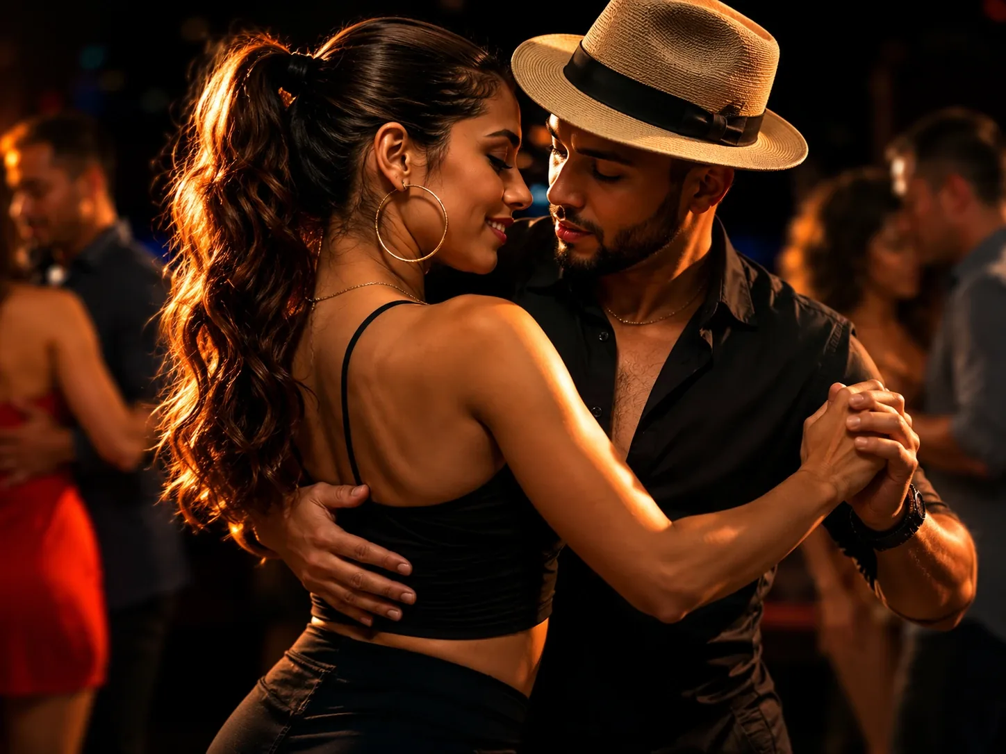 A couple dancing bachata in close connection