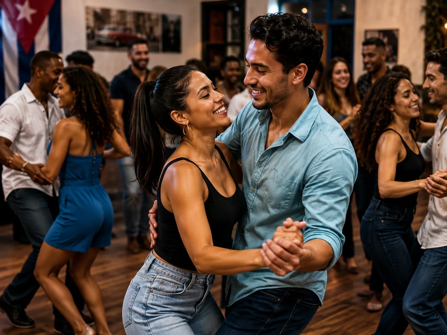 Couples dancing together on a busy social dance floor